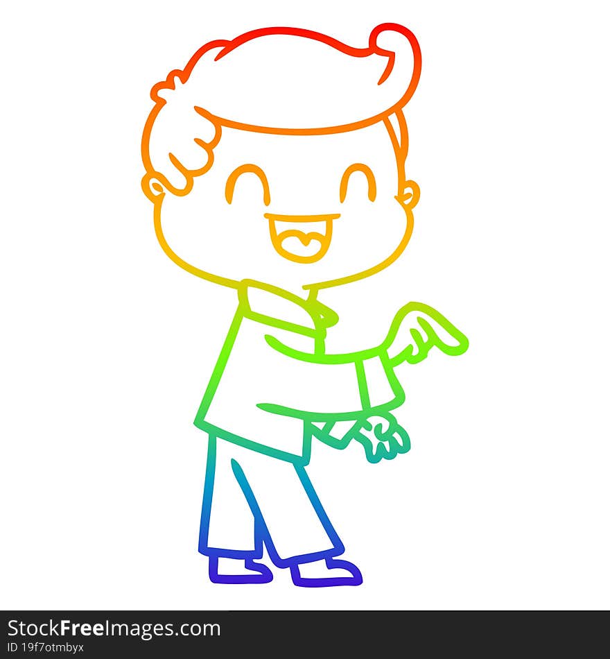 rainbow gradient line drawing of a cartoon happy man pointing