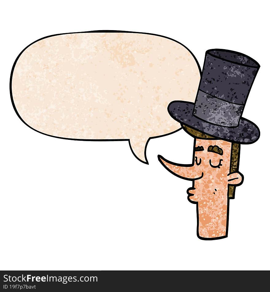 cartoon man wearing top hat with speech bubble in retro texture style