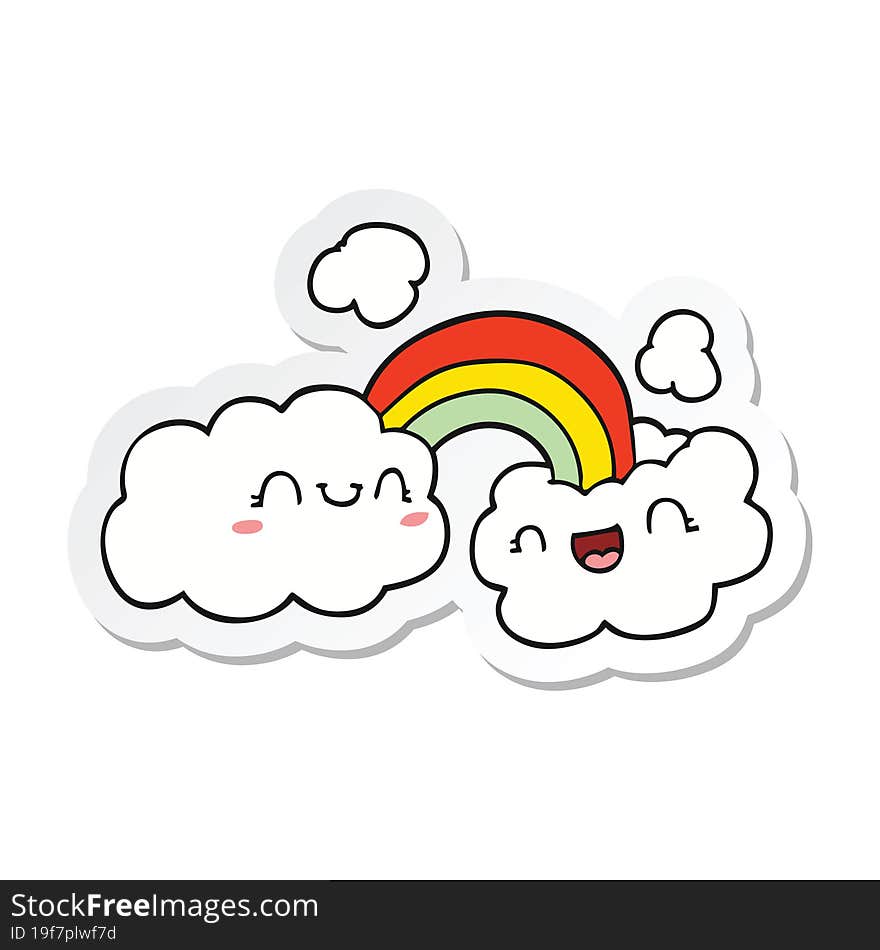 sticker of a happy cartoon clouds and rainbow