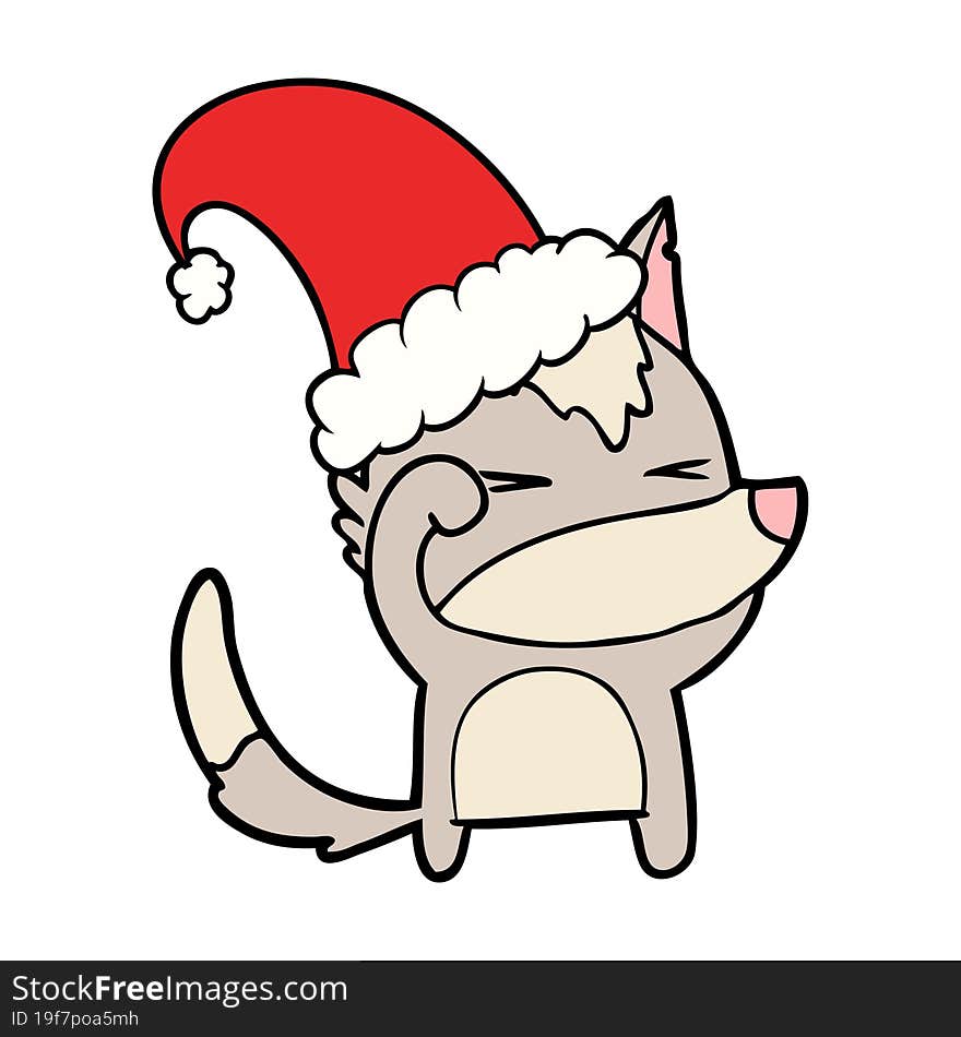 tired wolf cartoon wearing xmas hat. tired wolf cartoon wearing xmas hat