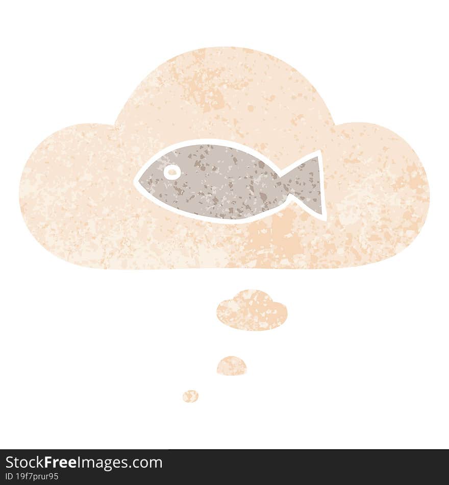 cartoon fish symbol and thought bubble in retro textured style