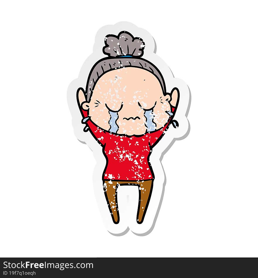 Distressed Sticker Of A Cartoon Old Woman Crying