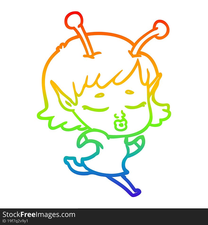 rainbow gradient line drawing of a cartoon alien girl