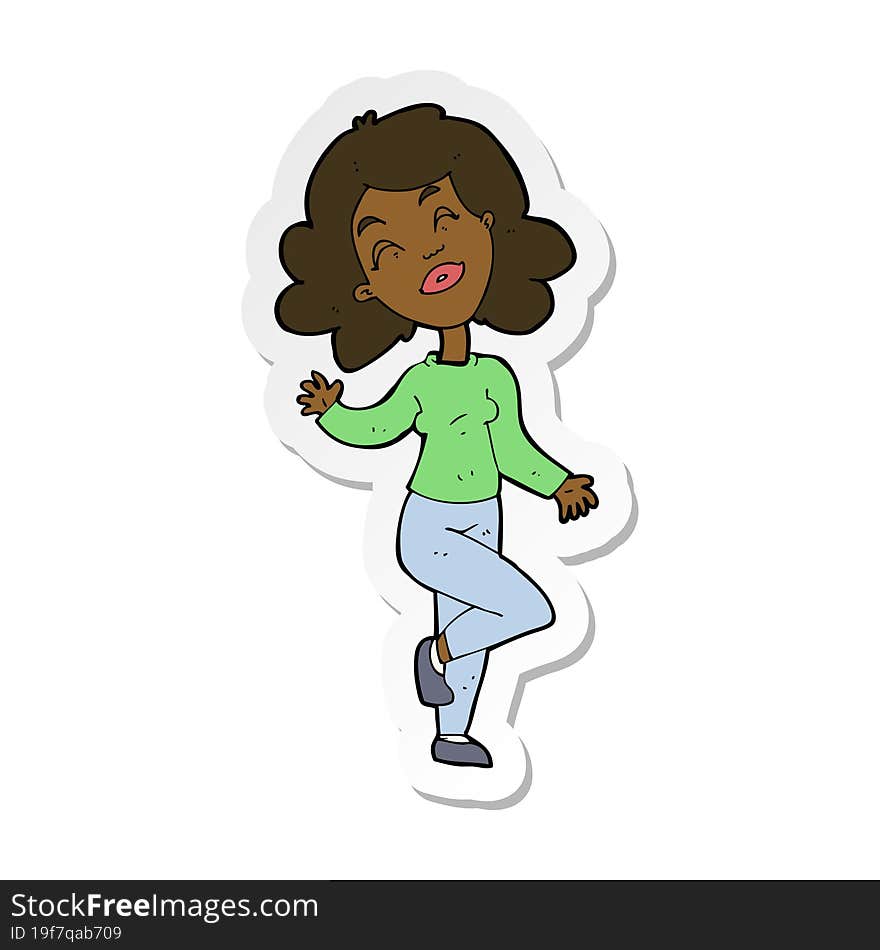 sticker of a cartoon happy woman dancing