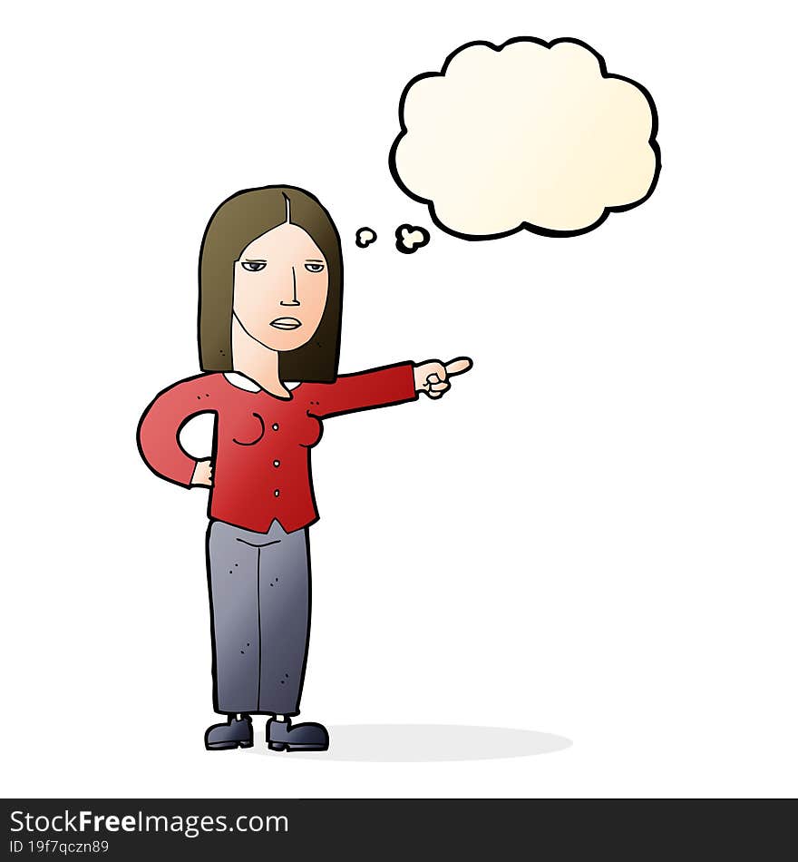 cartoon woman pointing with thought bubble