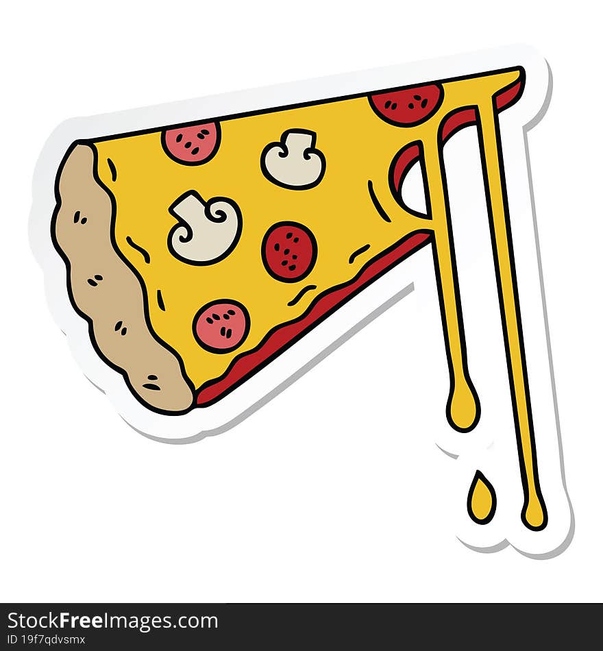 Sticker Of A Quirky Hand Drawn Cartoon Cheesy Pizza