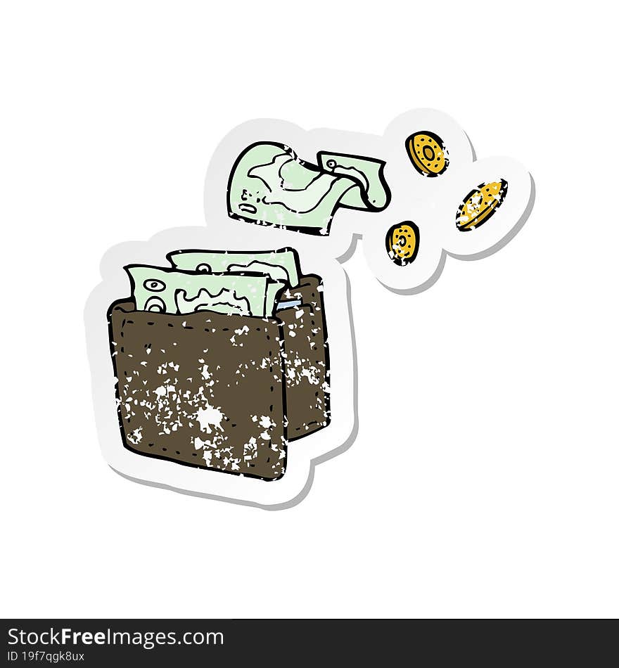 retro distressed sticker of a cartoon wallet spilling money