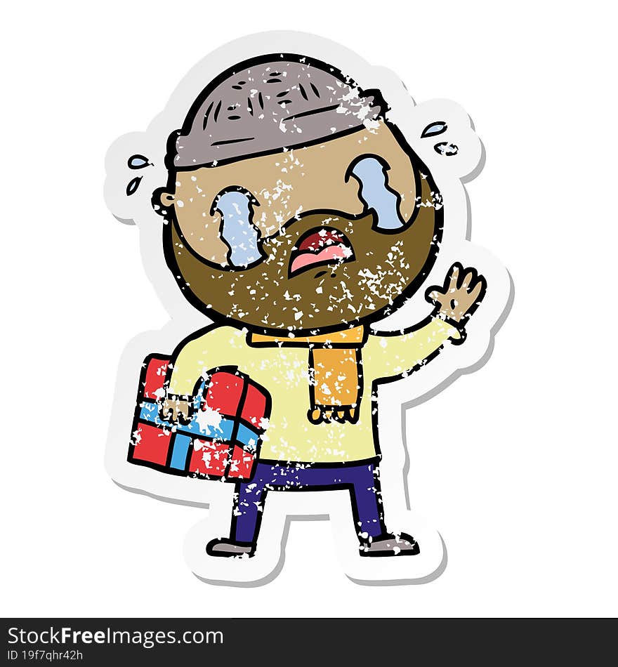 distressed sticker of a cartoon bearded man crying with christmas present