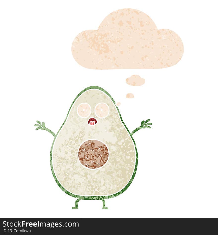 cartoon avocado and thought bubble in retro textured style