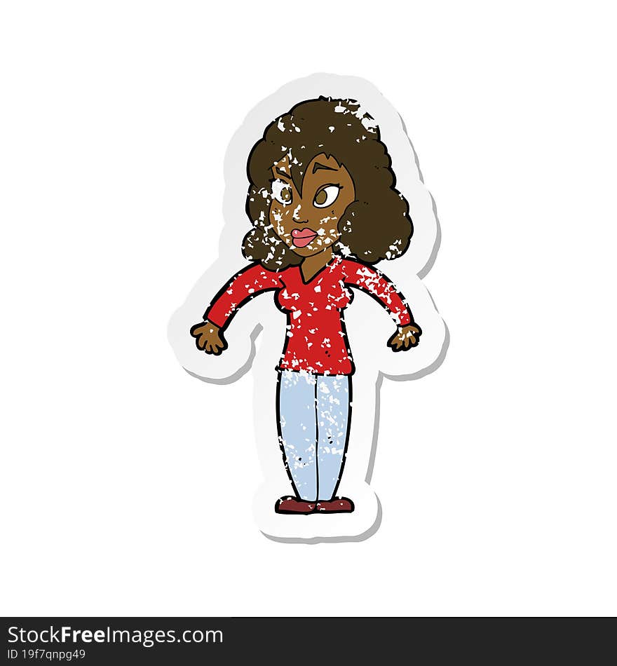 retro distressed sticker of a cartoon woman shrugging shoulders