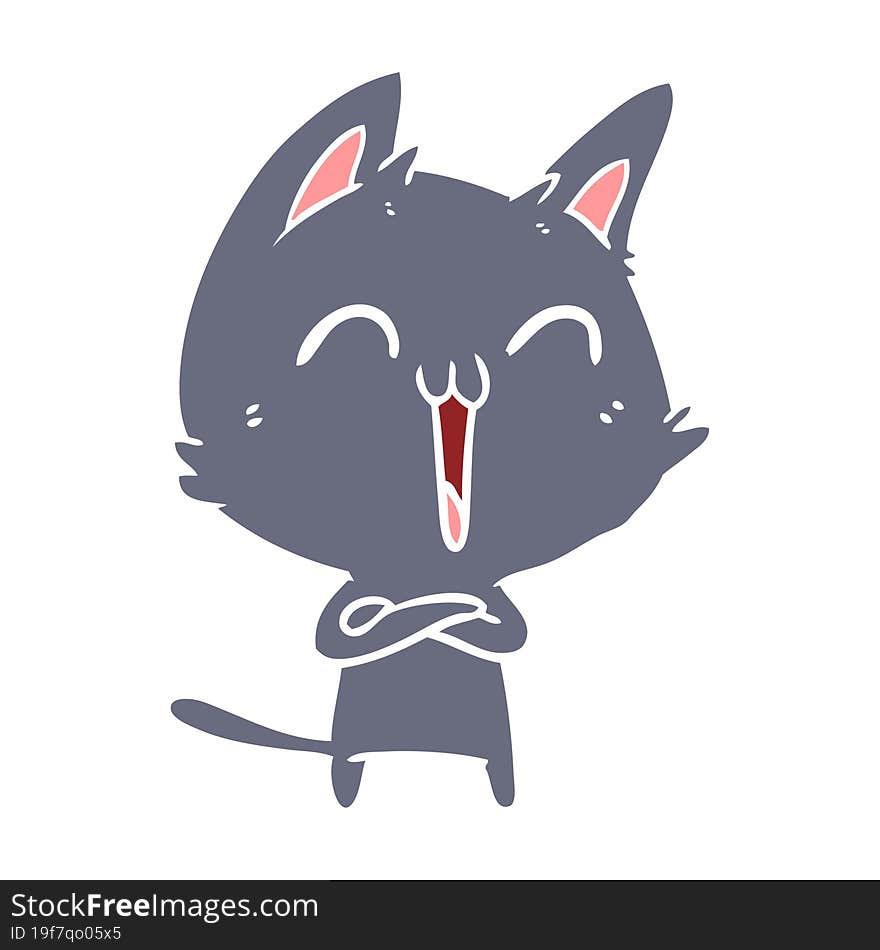 happy flat color style cartoon cat meowing