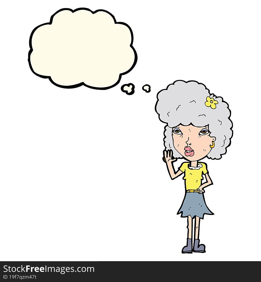 cartoon woman waving with thought bubble