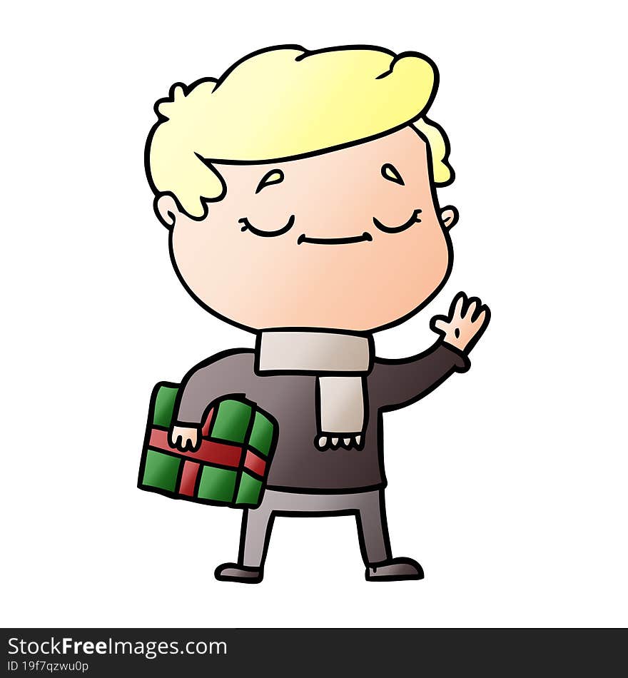 cartoon man carrying christmas present waving. cartoon man carrying christmas present waving