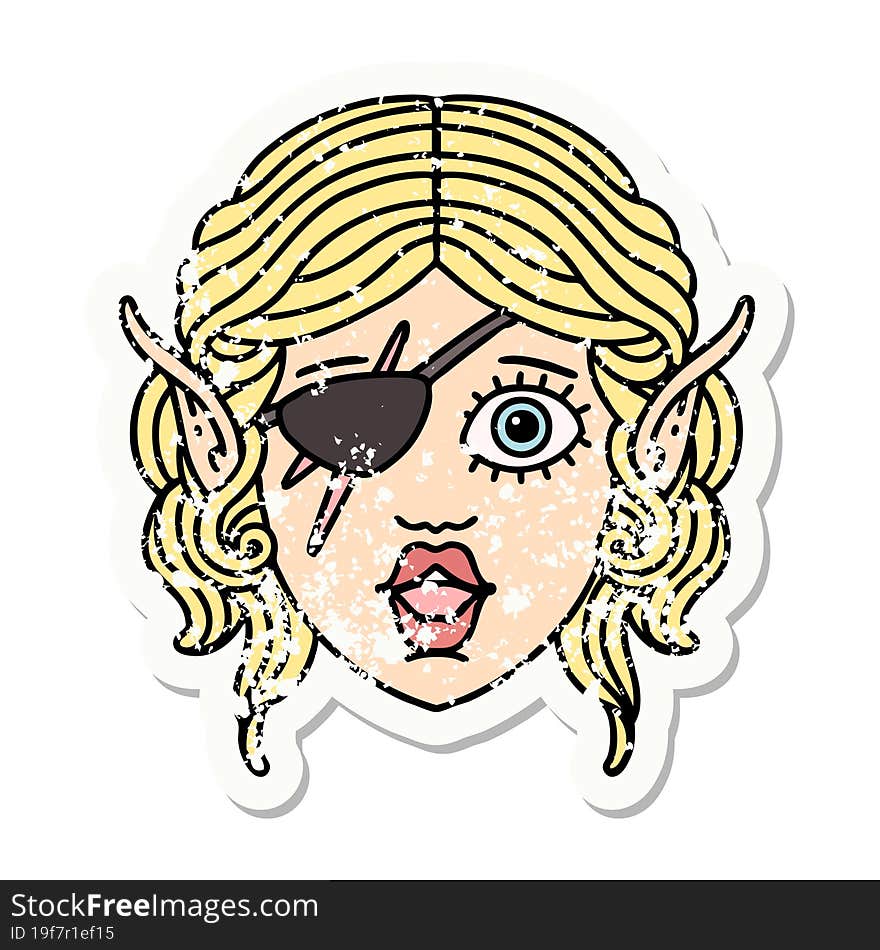 grunge sticker of a elf rogue character face. grunge sticker of a elf rogue character face