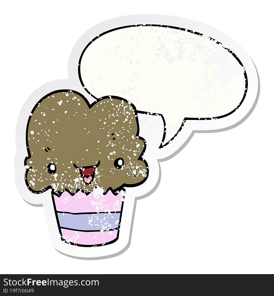 cartoon cupcake and face and speech bubble distressed sticker