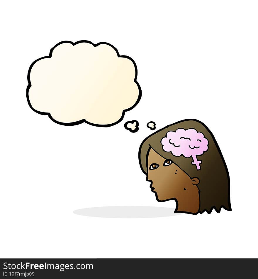 cartoon female head with brain symbol with thought bubble