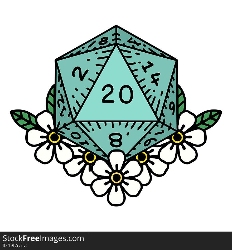 Retro Tattoo Style natural 20 D20 dice roll with floral elements. Retro Tattoo Style natural 20 D20 dice roll with floral elements