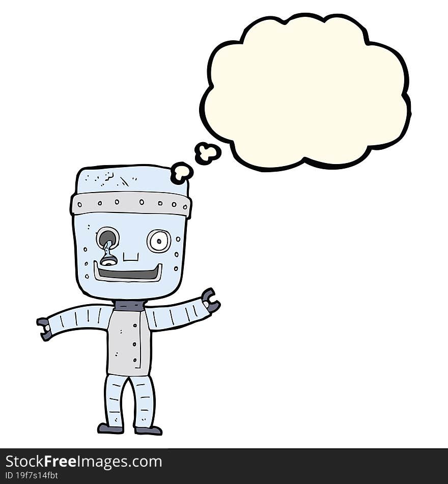 cartoon funny old robot with thought bubble