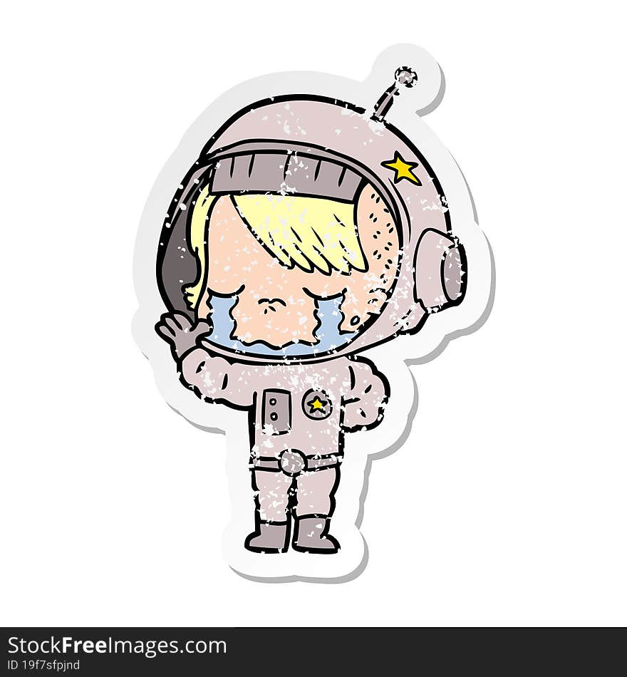 distressed sticker of a cartoon crying astronaut girl