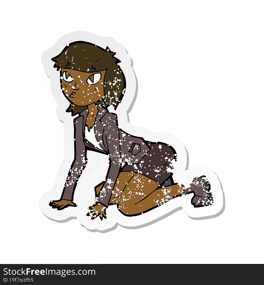 Retro Distressed Sticker Of A Cartoon Woman On Hands And Knees