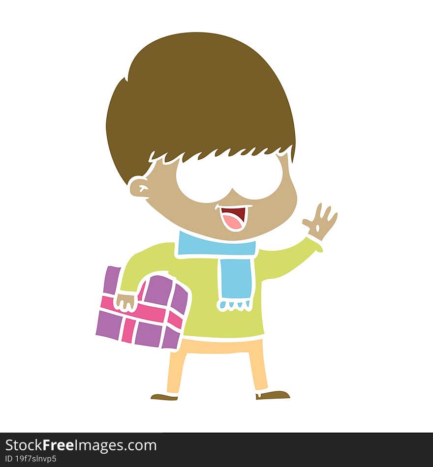 happy flat color style cartoon boy with present