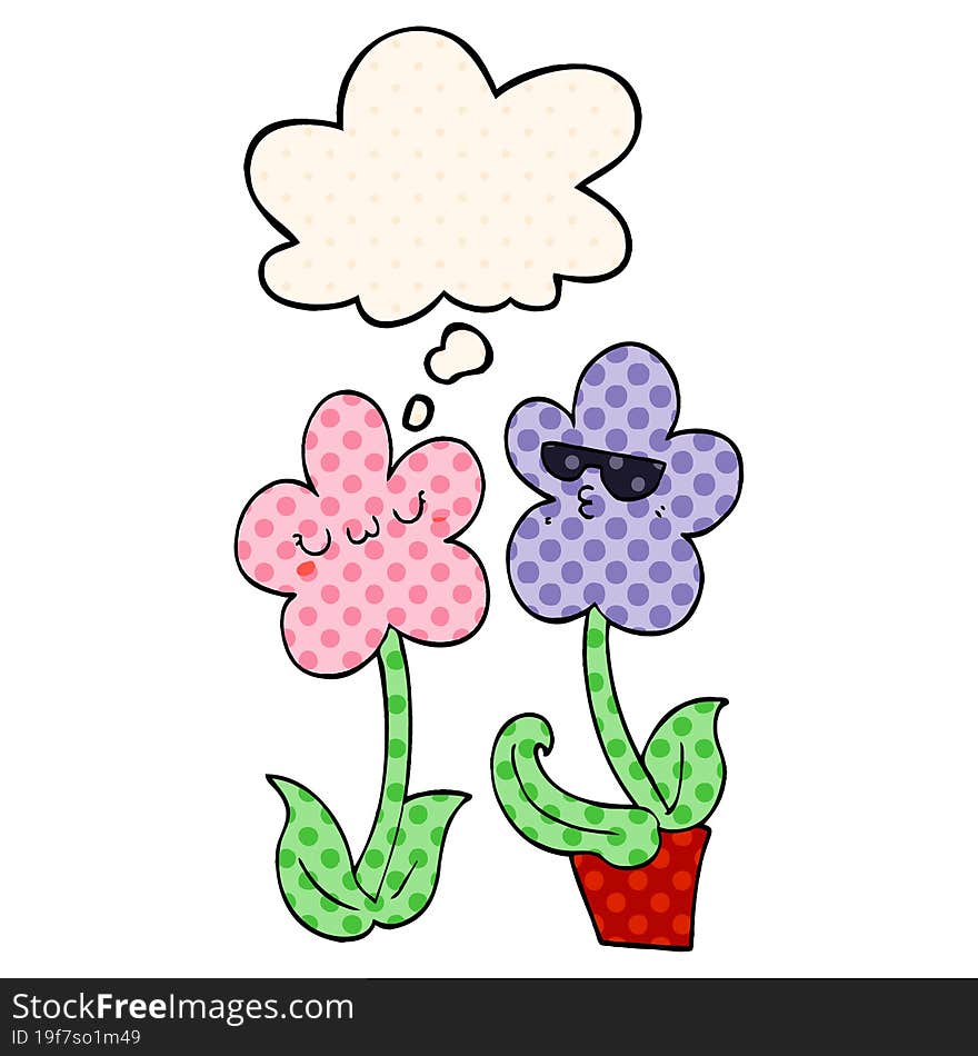 cute cartoon flower with thought bubble in comic book style