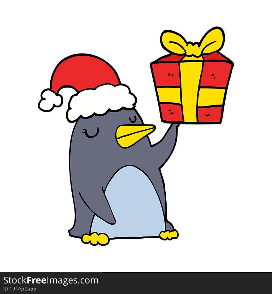 cartoon penguin with christmas present