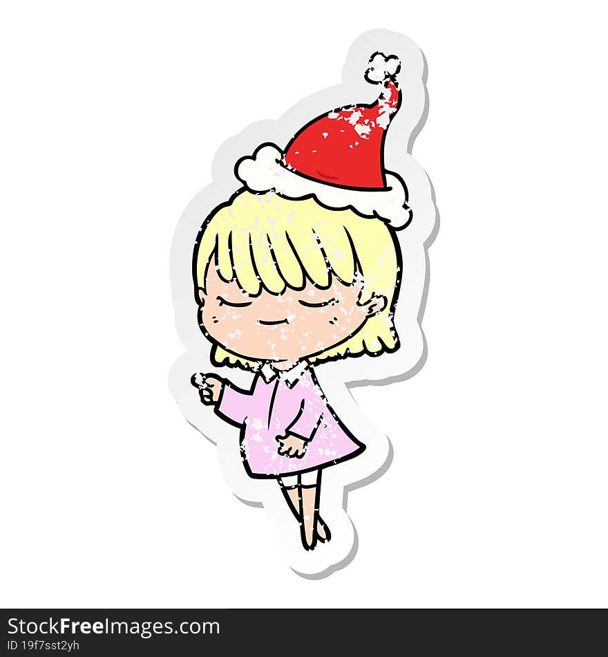 hand drawn distressed sticker cartoon of a woman wearing santa hat