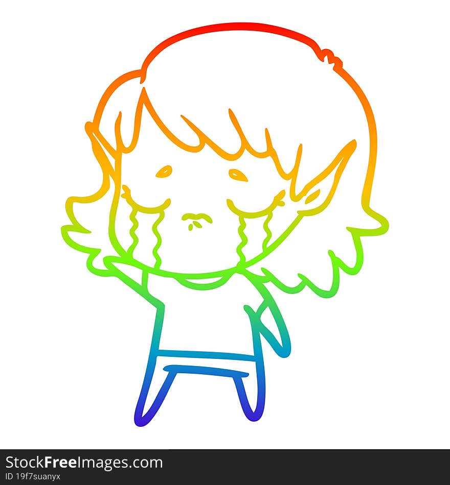 rainbow gradient line drawing cartoon crying elf girl