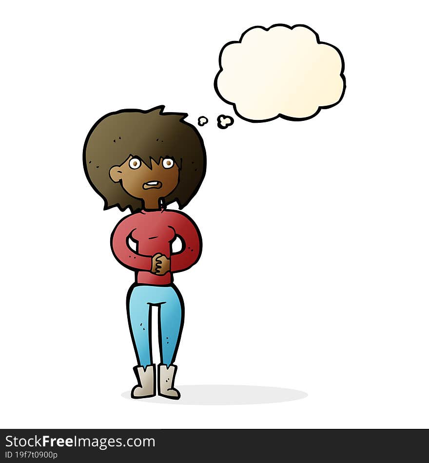 cartoon worried woman with thought bubble