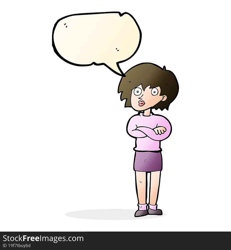 cartoon woman wit crossed arms with speech bubble