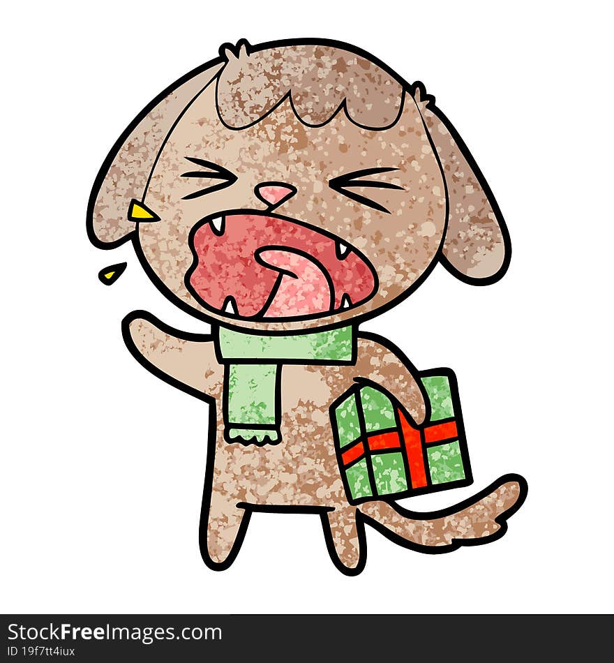 cute cartoon dog with christmas present. cute cartoon dog with christmas present