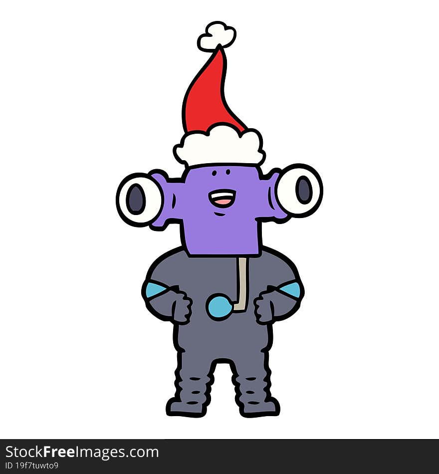 friendly hand drawn line drawing of a alien wearing santa hat. friendly hand drawn line drawing of a alien wearing santa hat