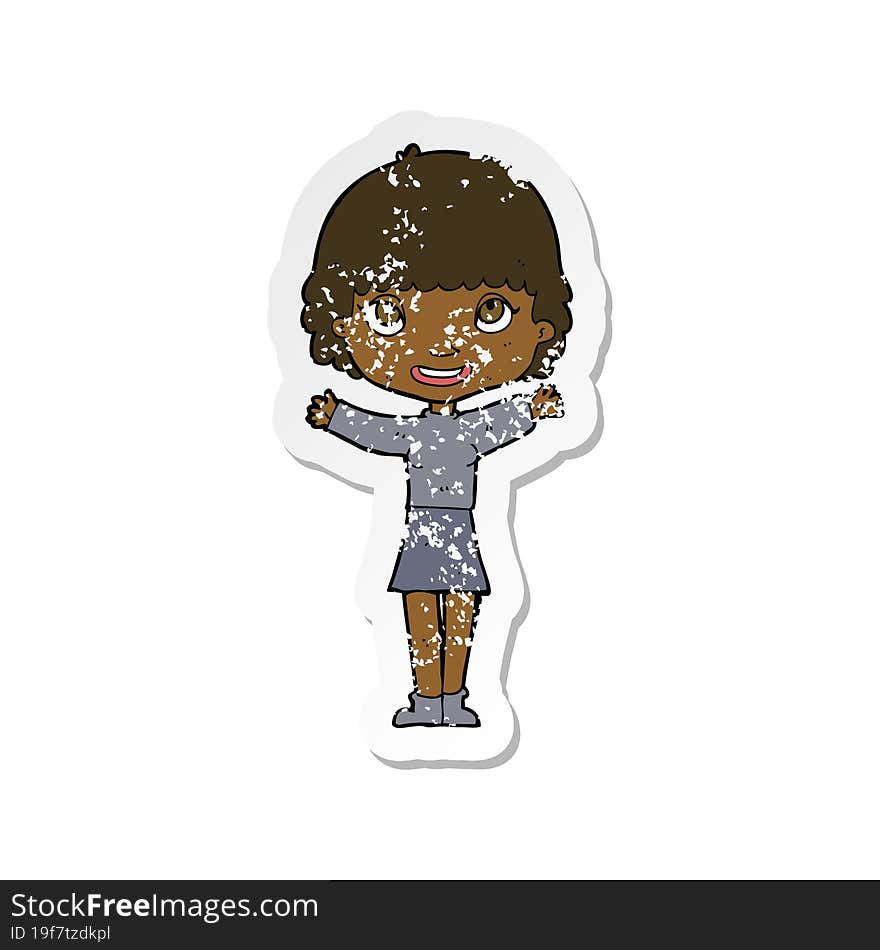 Retro Distressed Sticker Of A Cartoon Woman Waving