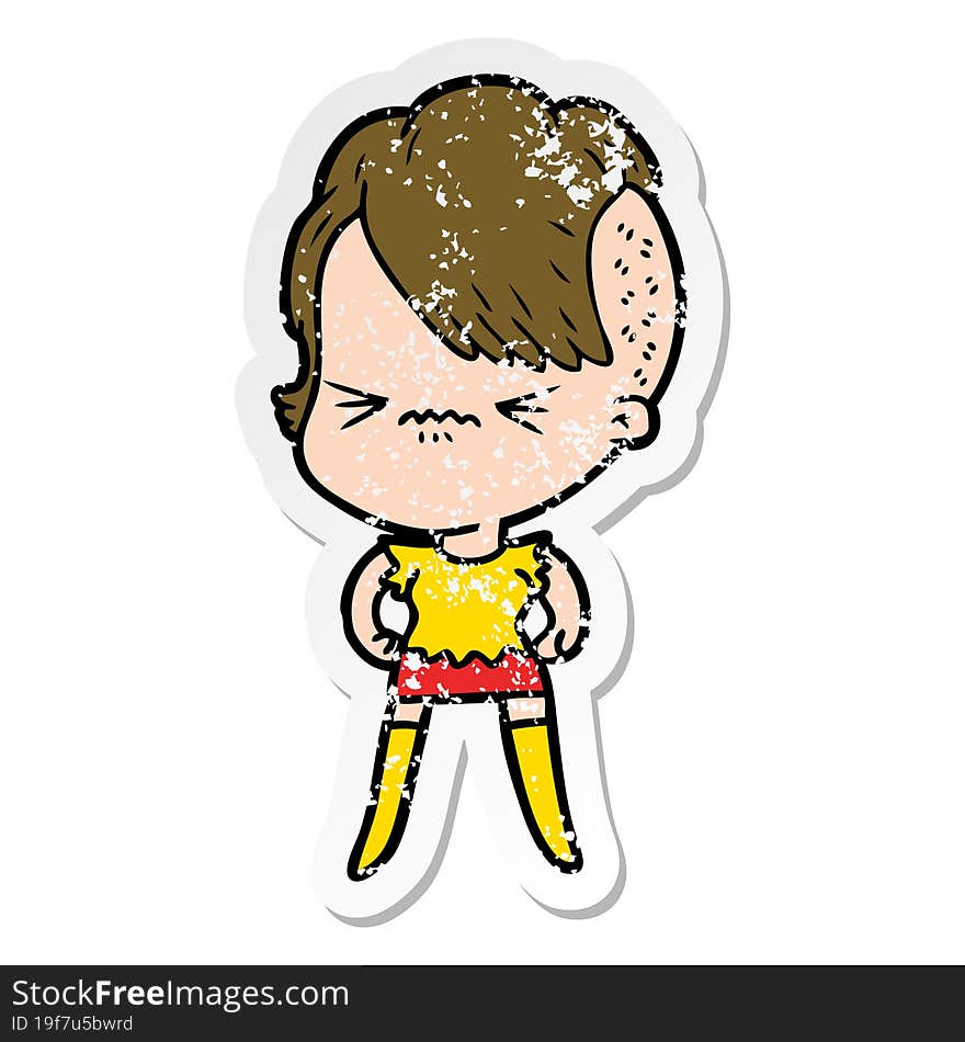 distressed sticker of a cartoon annoyed hipster girl