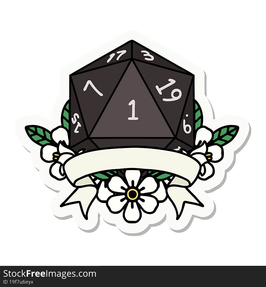 sticker of a natural one d20 dice roll. sticker of a natural one d20 dice roll