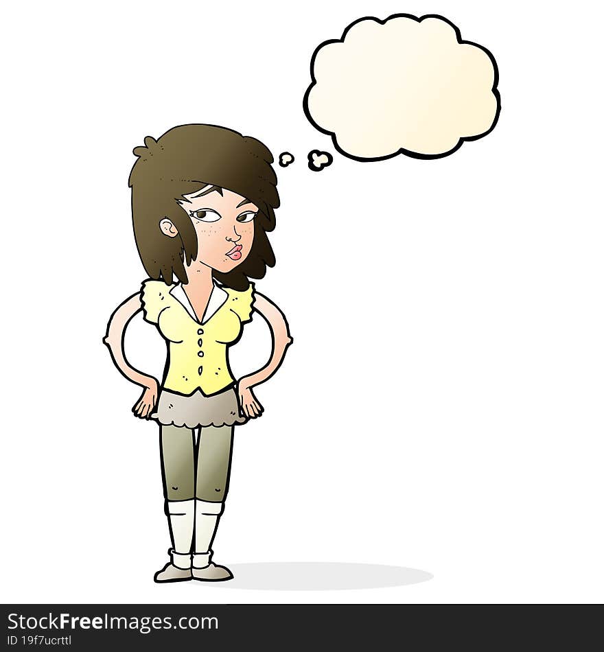 cartoon pretty woman with hands on hips with thought bubble