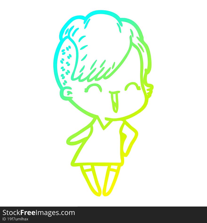 cold gradient line drawing of a happy cartoon hipster girl