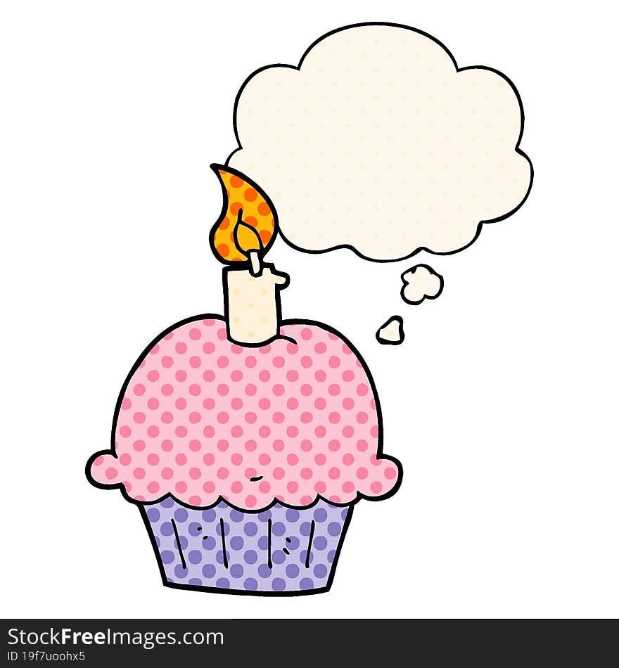 cartoon birthday cupcake and thought bubble in comic book style