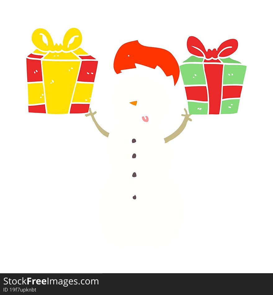 flat color style cartoon snowman with present