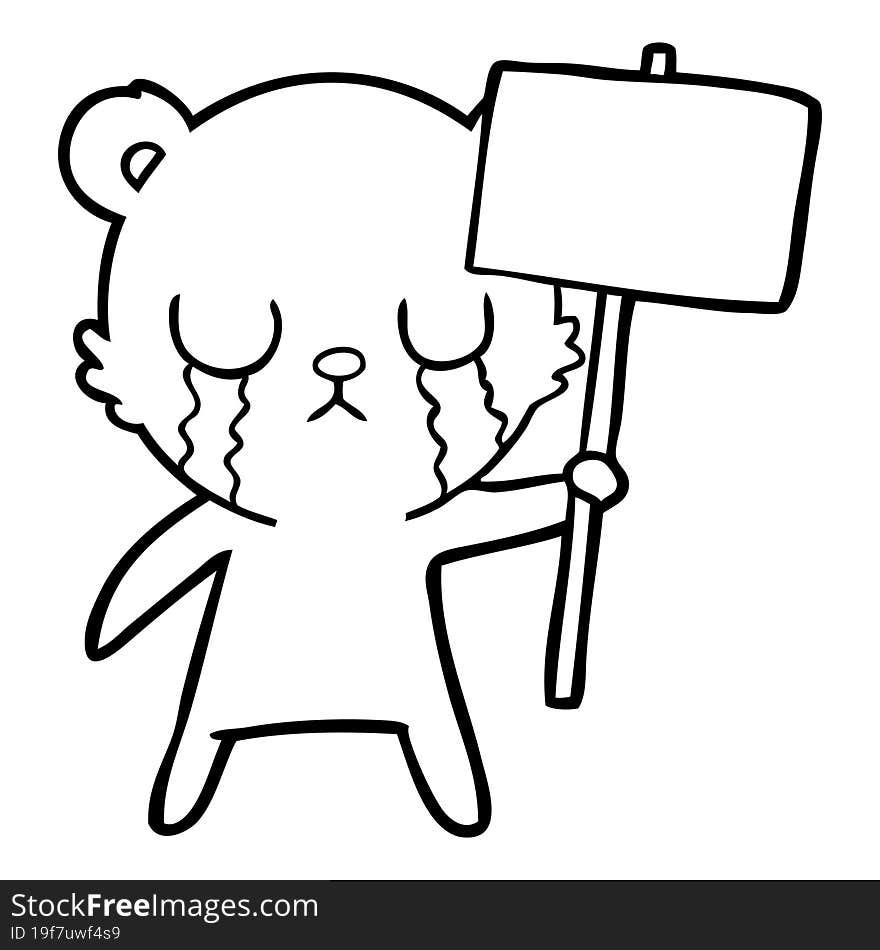 crying cartoon bear with sign. crying cartoon bear with sign