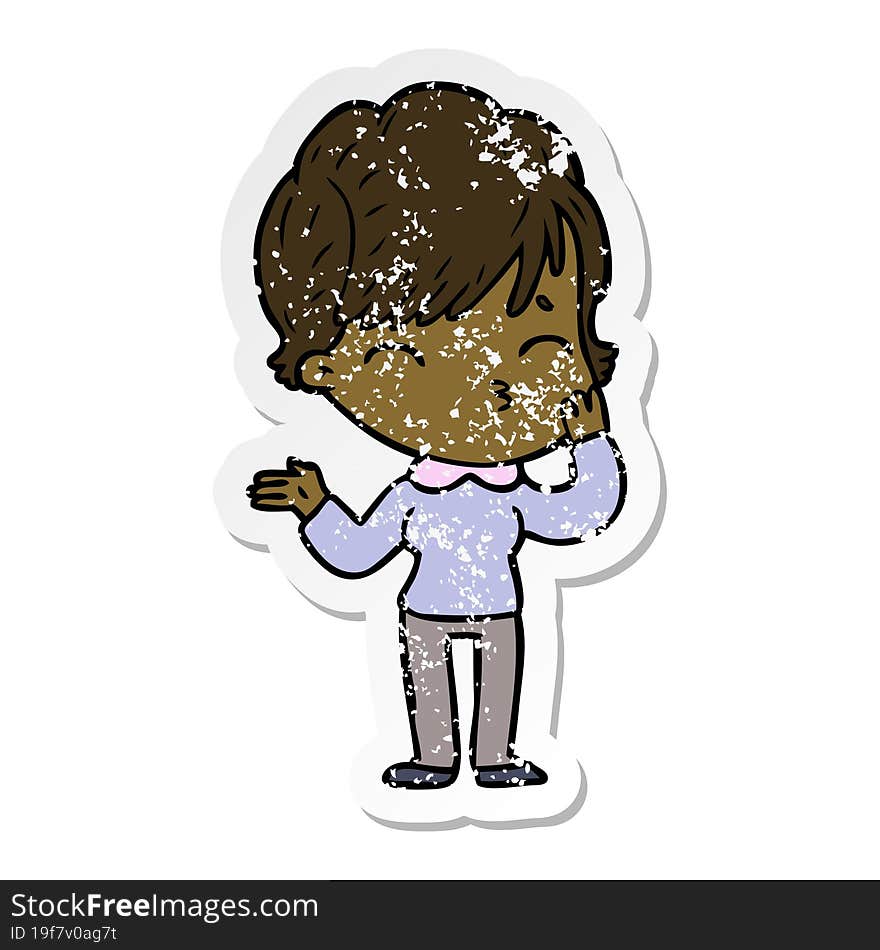 distressed sticker of a cartoon woman thinking