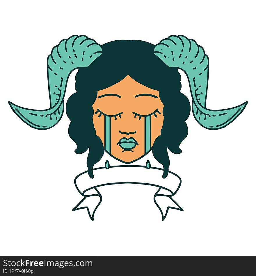 Retro Tattoo Style crying tiefling character face with scroll banner. Retro Tattoo Style crying tiefling character face with scroll banner