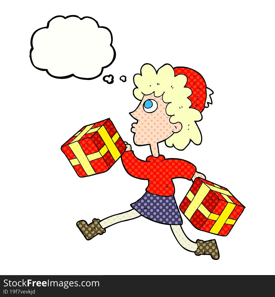 thought bubble cartoon running woman with presents