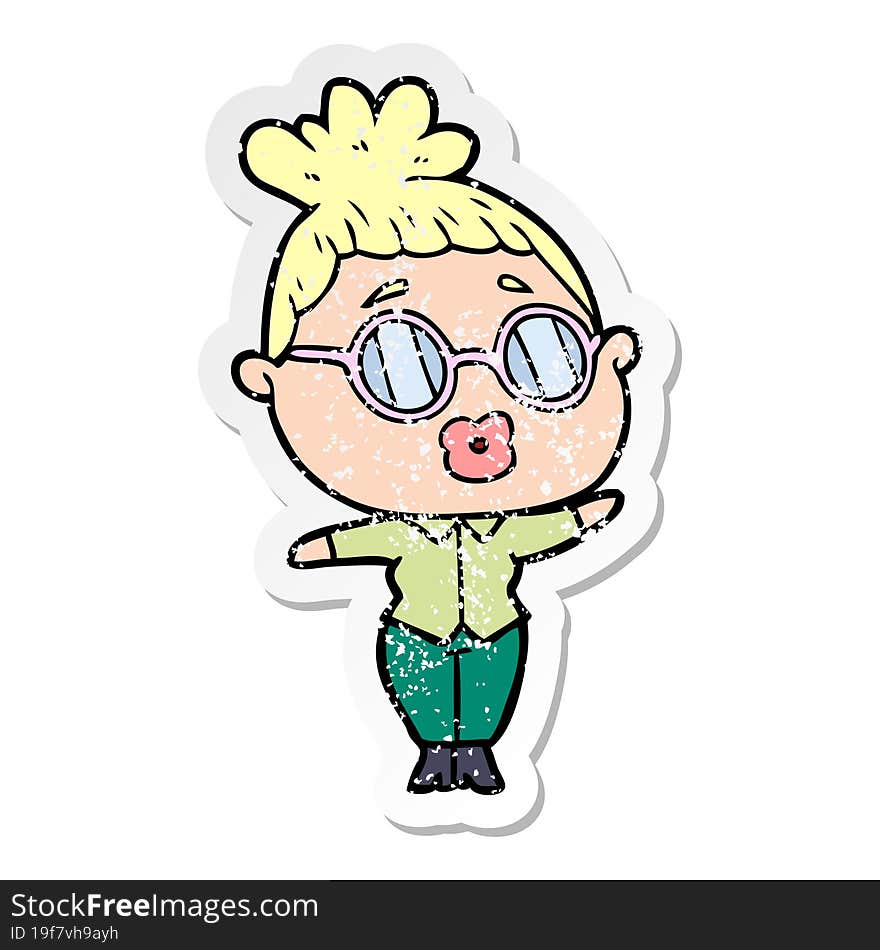 distressed sticker of a cartoon woman wearing spectacles