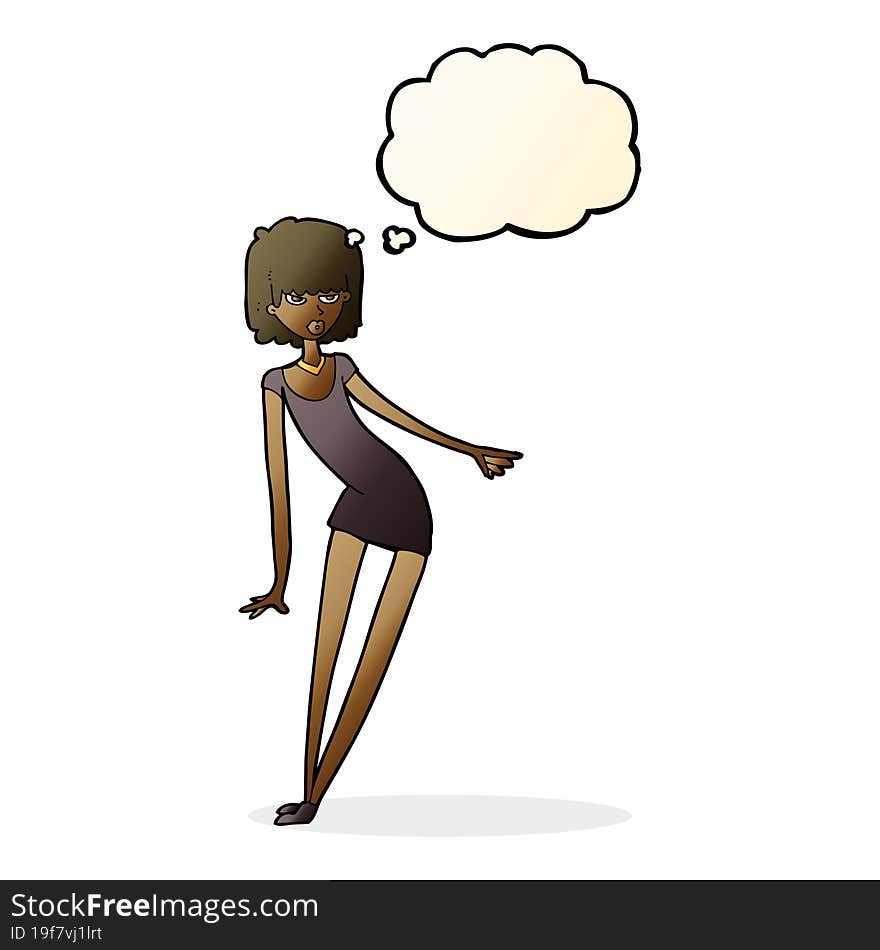 cartoon woman in dress leaning with thought bubble