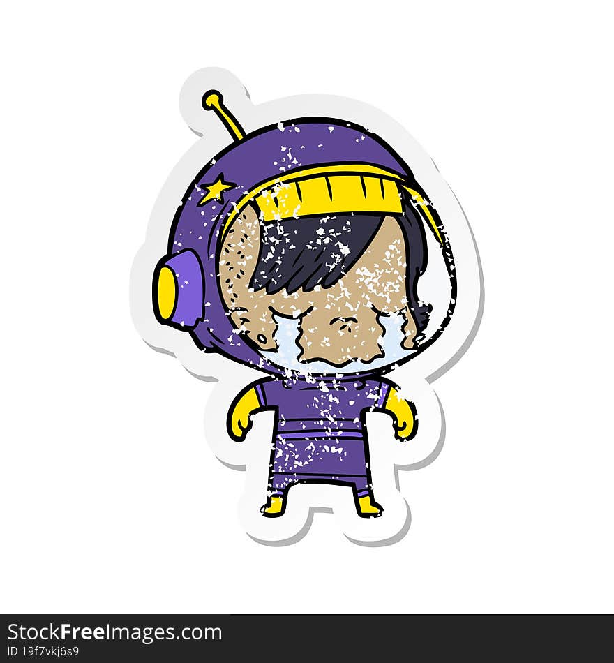 Distressed Sticker Of A Cartoon Crying Astronaut Girl