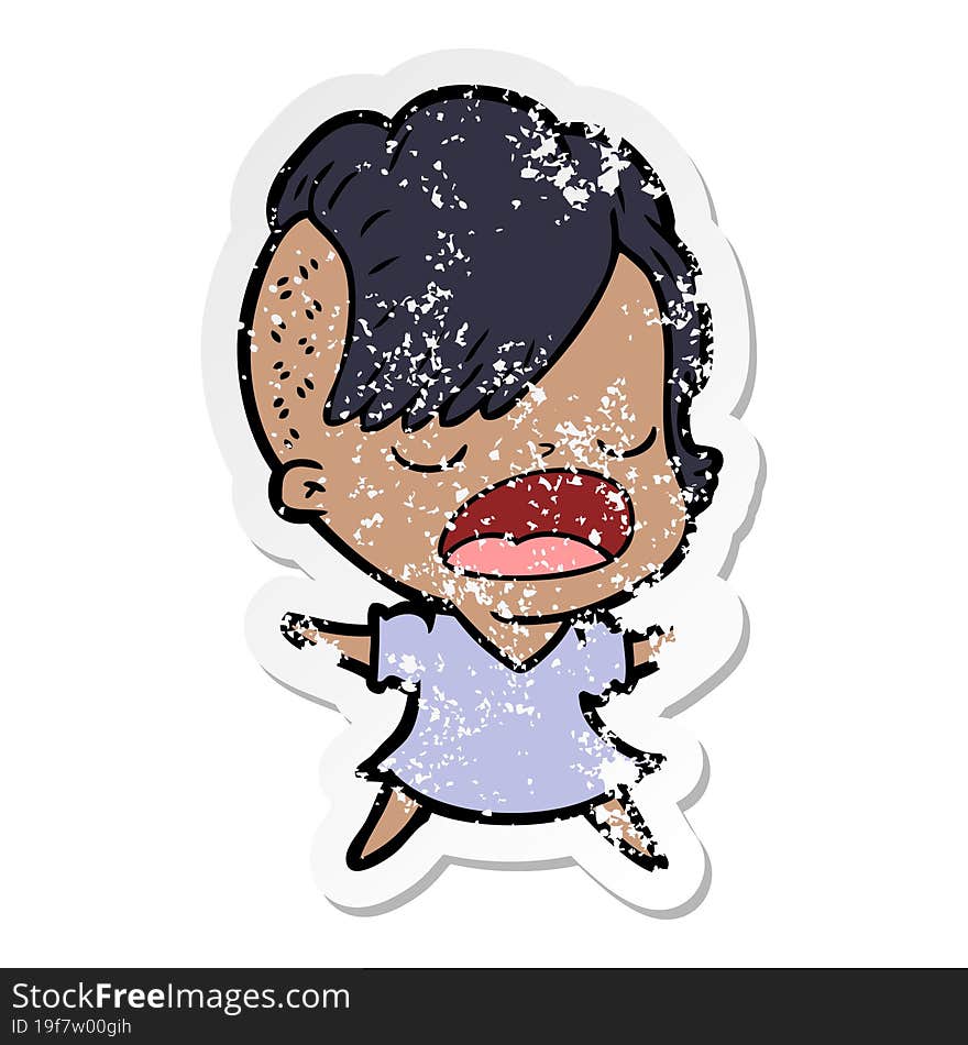 distressed sticker of a cartoon cool hipster girl talking