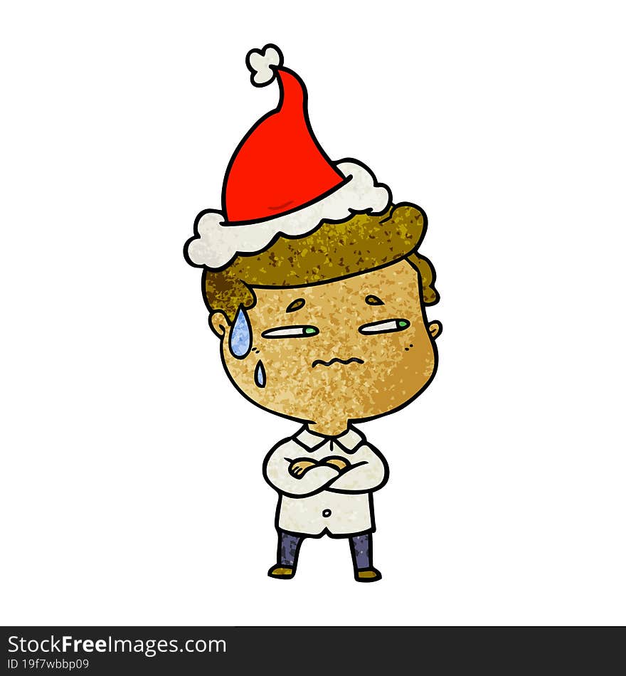 textured cartoon of a anxious man wearing santa hat