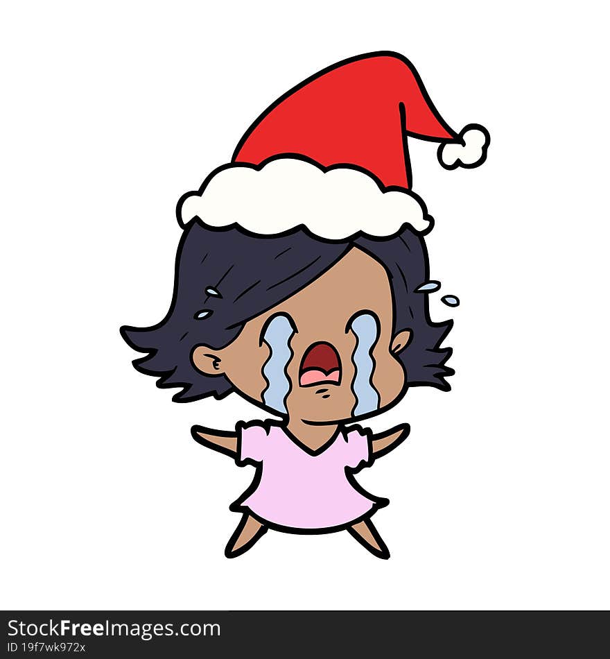 line drawing of a woman crying wearing santa hat